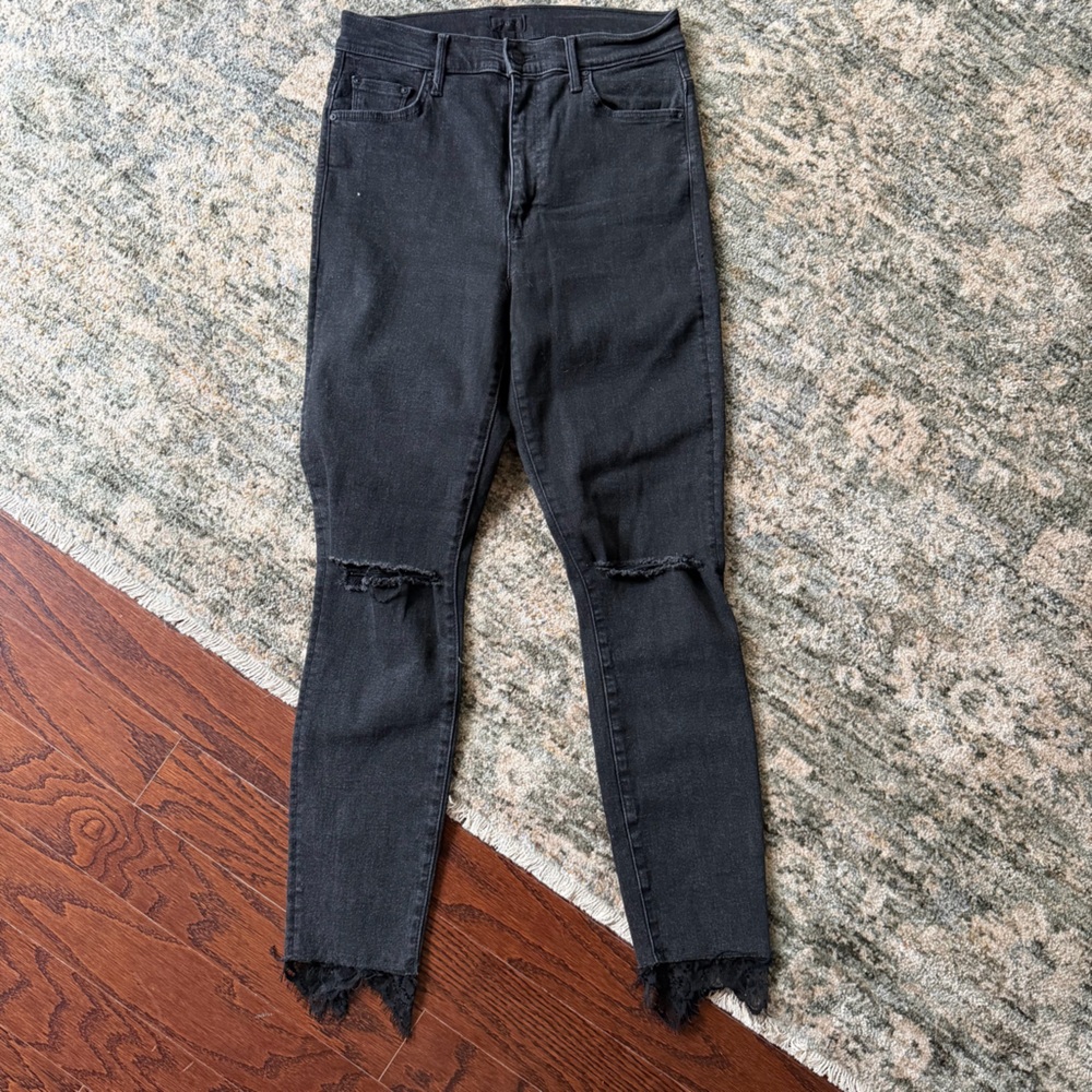 MOTHER Black Skinny Jeans with Distressed Knees and Frayed Ankles